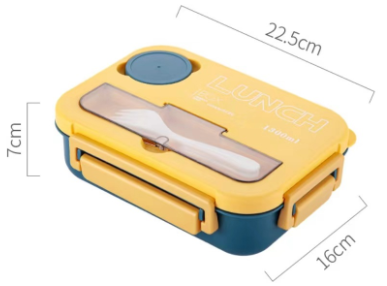 Microwaveable sealed lunch box with compartments and sauce box with cutlery