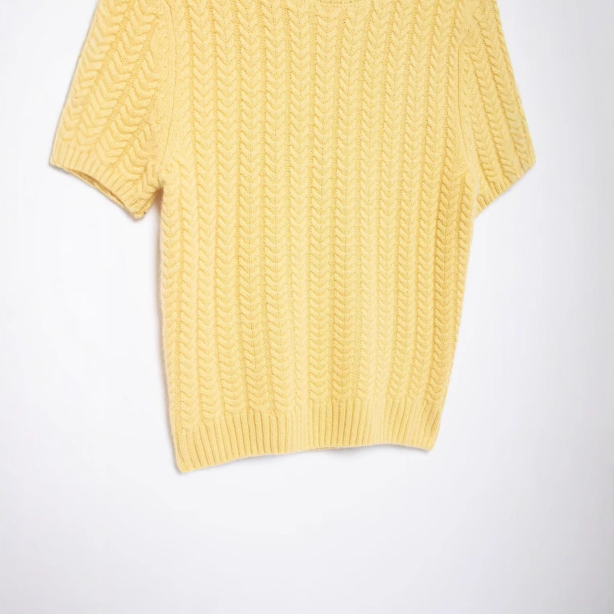 Stylish round neck short sleeved eight strand braided yellow knitted sweater for women