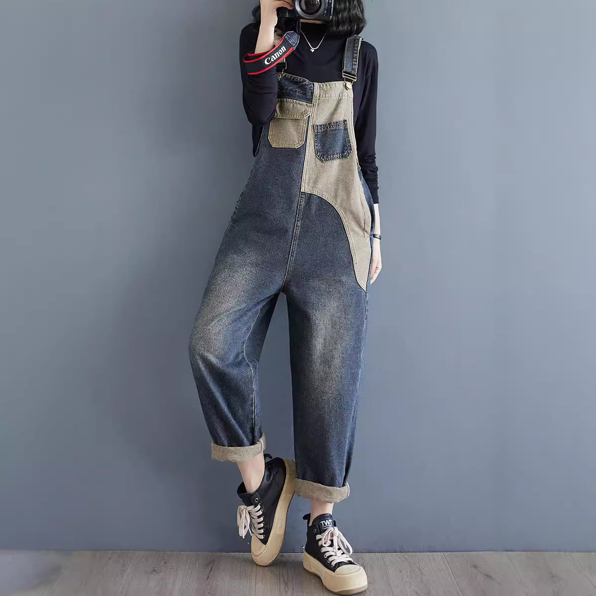 Strap pants fashionable denim strap pants women's loose high waisted contrasting one-piece wide leg cropped pants