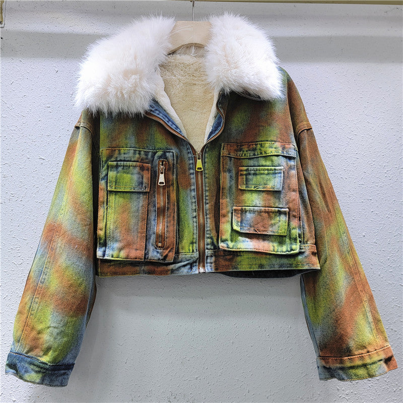 Hand drawn woolen collar denim jacket by Heavy Industry women's American style spicy girl with fleece short denim jacket