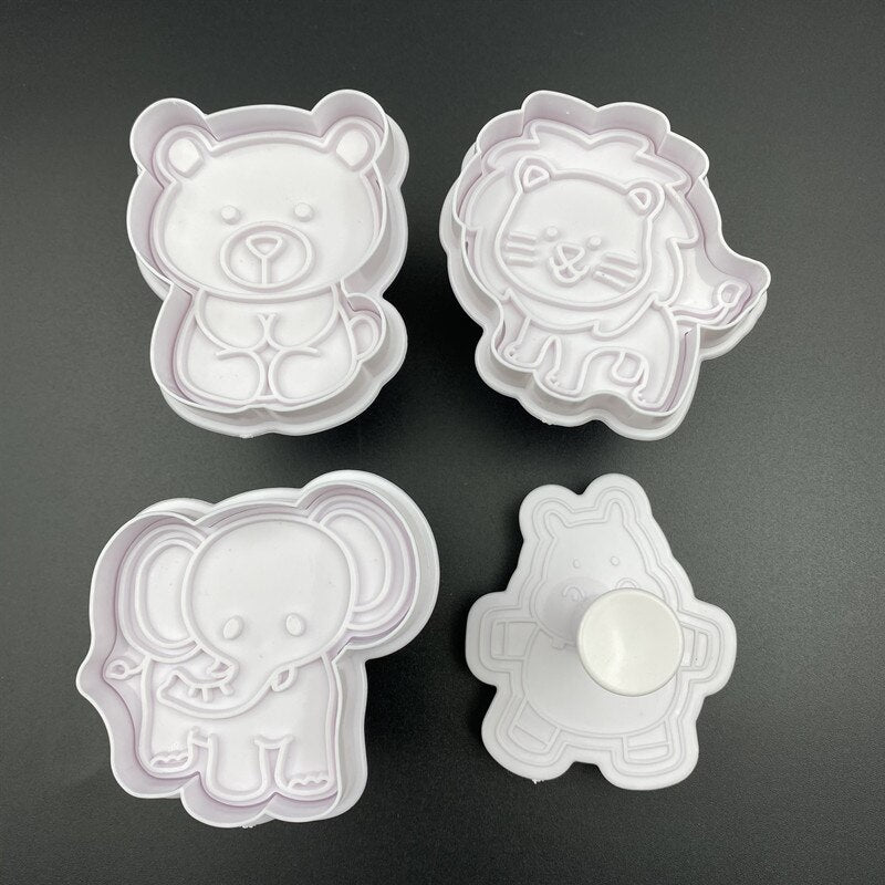 4Pcs/Set Animal Series Plastic Biscuit Spring Mold Elephant Lion Bear Plunger Paste Sugar Craft Die Baking Tools