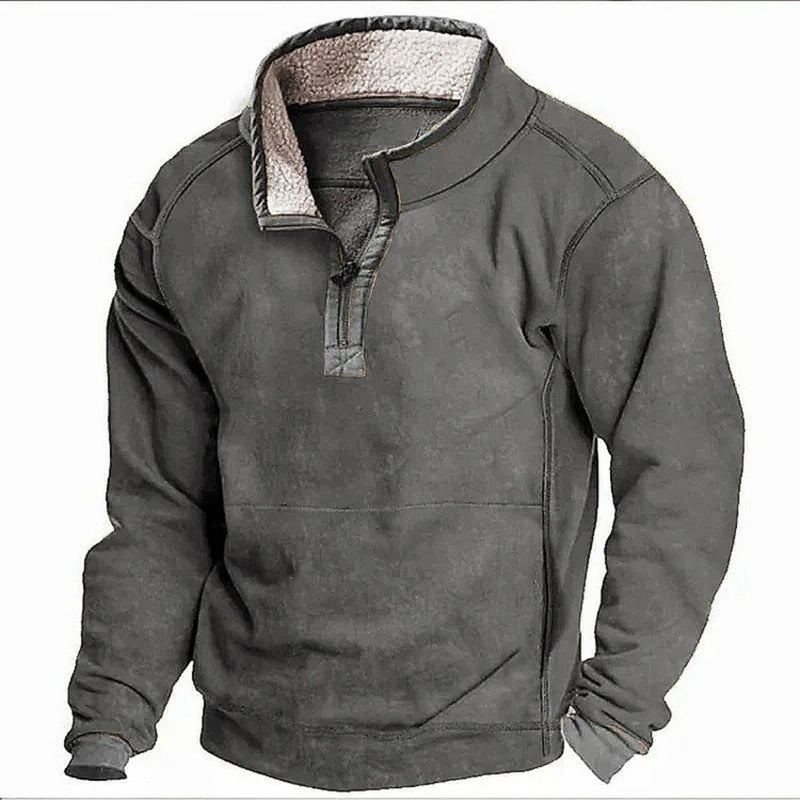 Men's Casual Hoodie with Stand Collar and Zipper Closure Fleece Lined Sweatshirt for Autumn and Winter