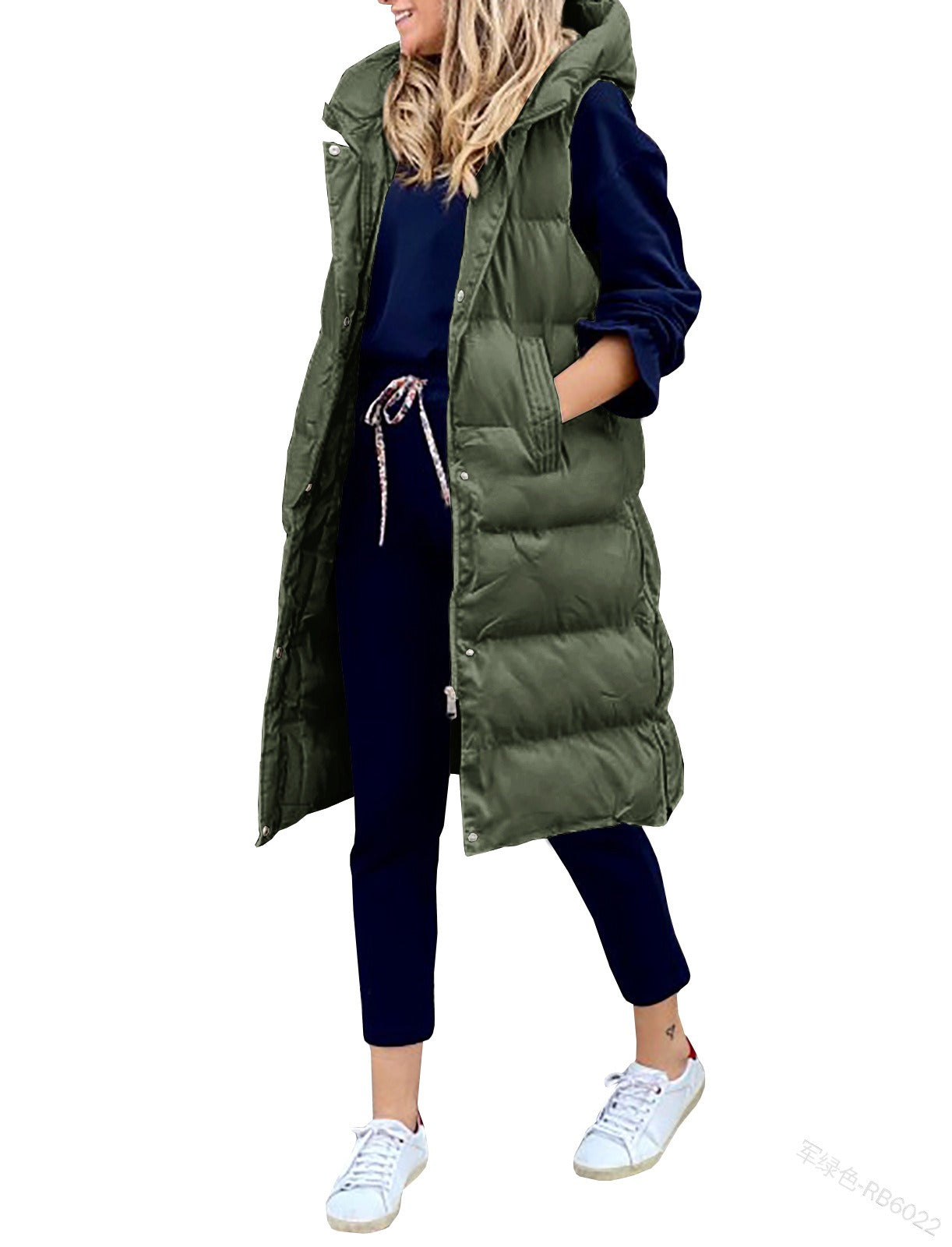 Solid Hooded Long Cotton Vest Casual Fashion Single Breasted Sleeveless Coat Women