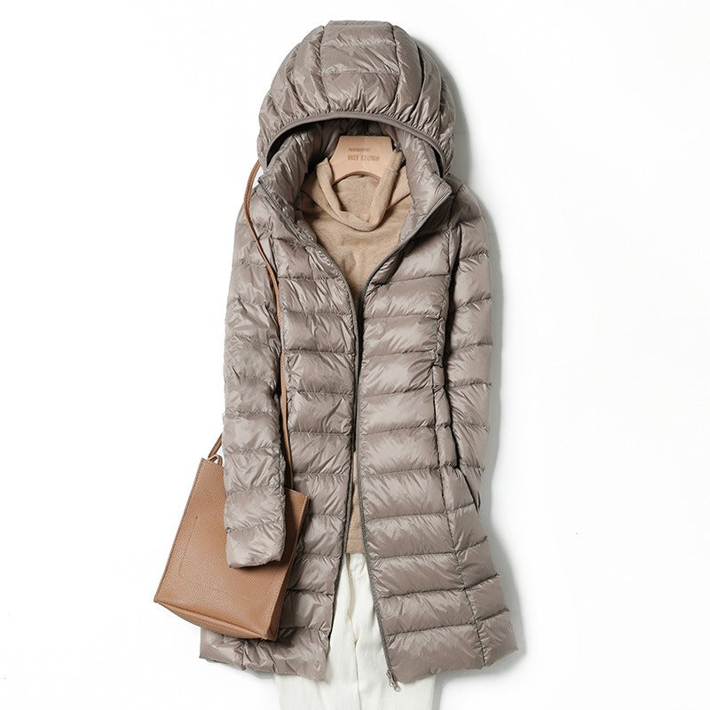 Lightweight and slim down jacket, women's mid length, hooded, oversized jacket with detachable hat