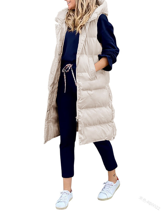 Solid Hooded Long Cotton Vest Casual Fashion Single Breasted Sleeveless Coat Women