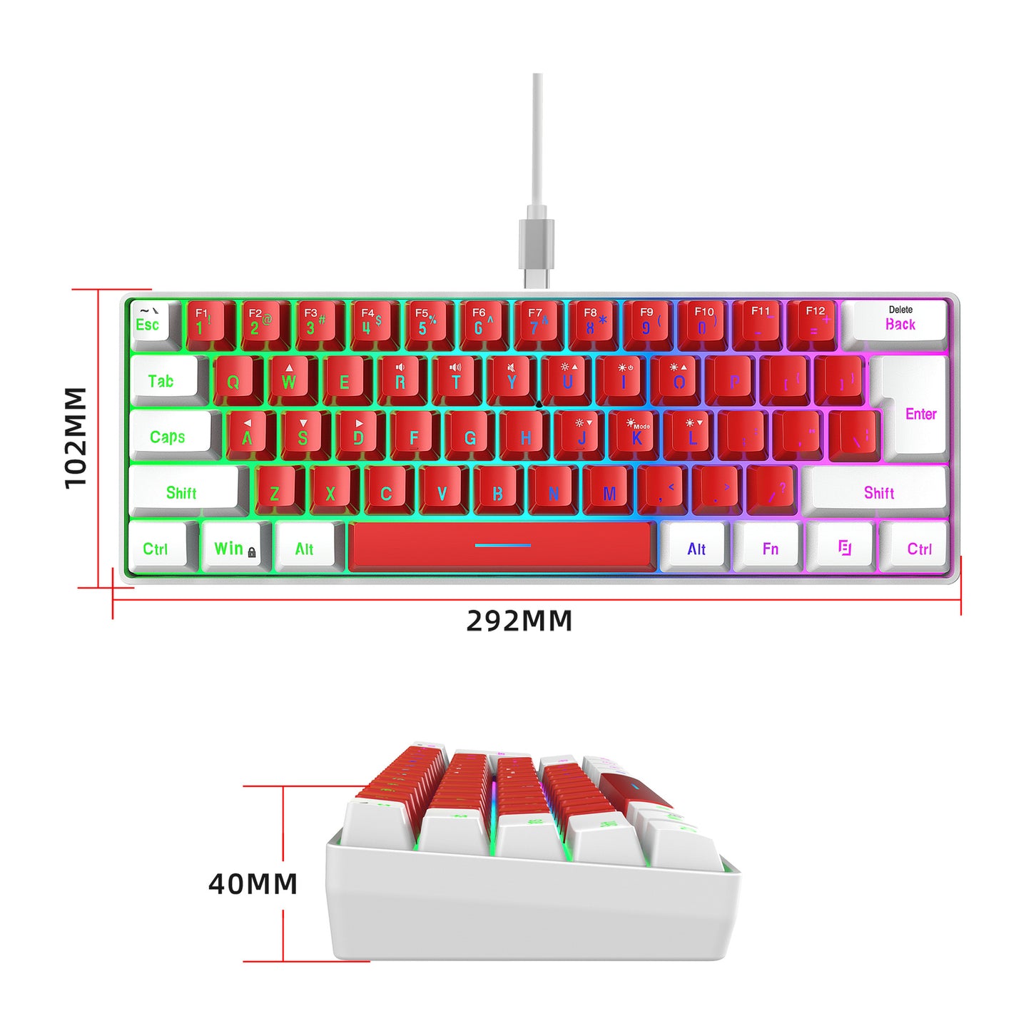 61 key keyboard with split lines, mini minimalist keyboard, compact dual color color RGB luminous film keyboard