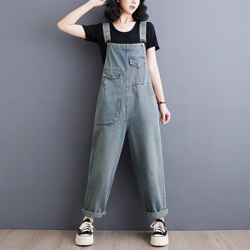 Spring Summer Vintage Jeans Jumpsuits Women Loose Wide Leg Rompers Womens Retro Long Denim Jumpsuit Ladies Front Pockets