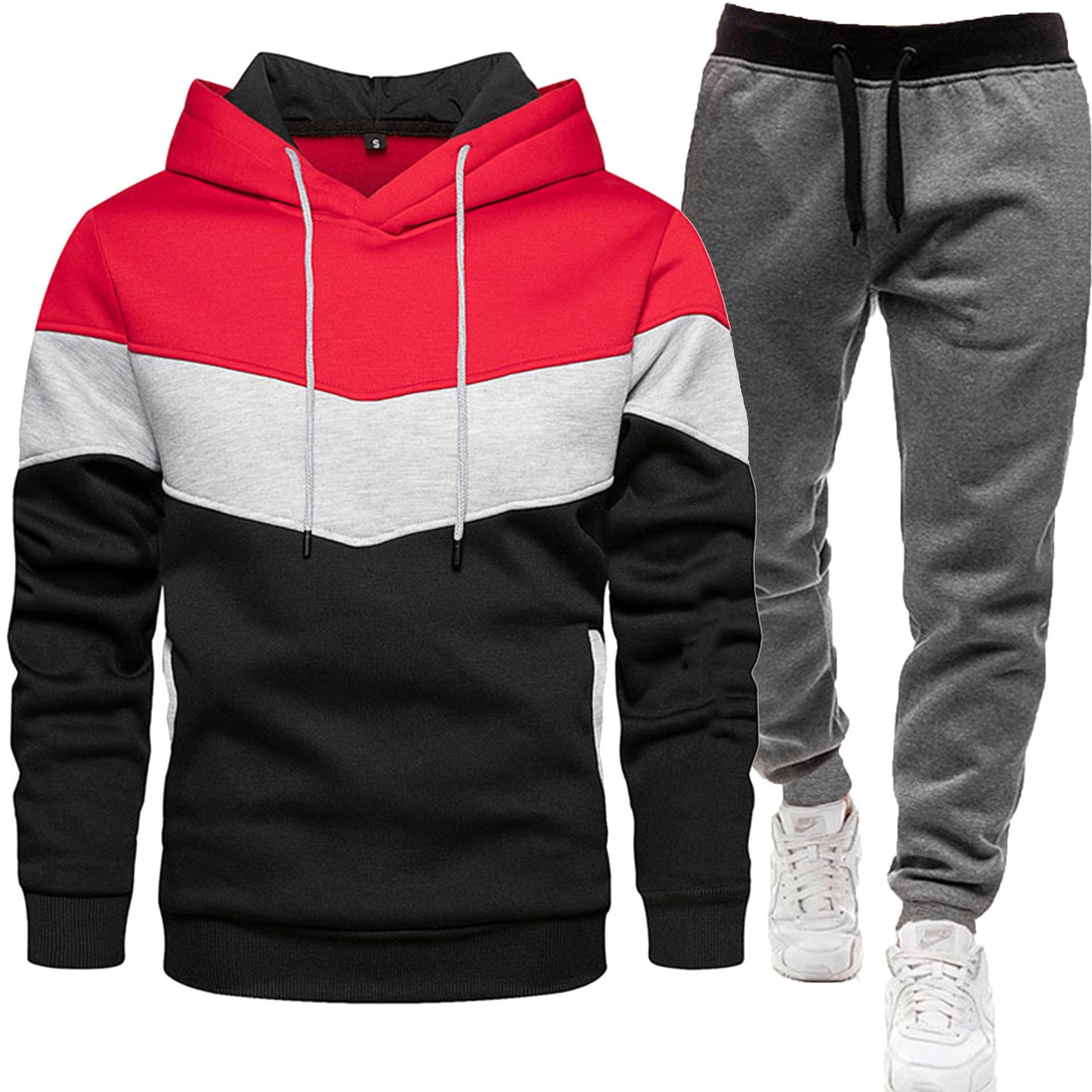 Men's three color hoodie sports suit, fashionable and casual, spring and autumn splicing hooded top, long pants two-piece set