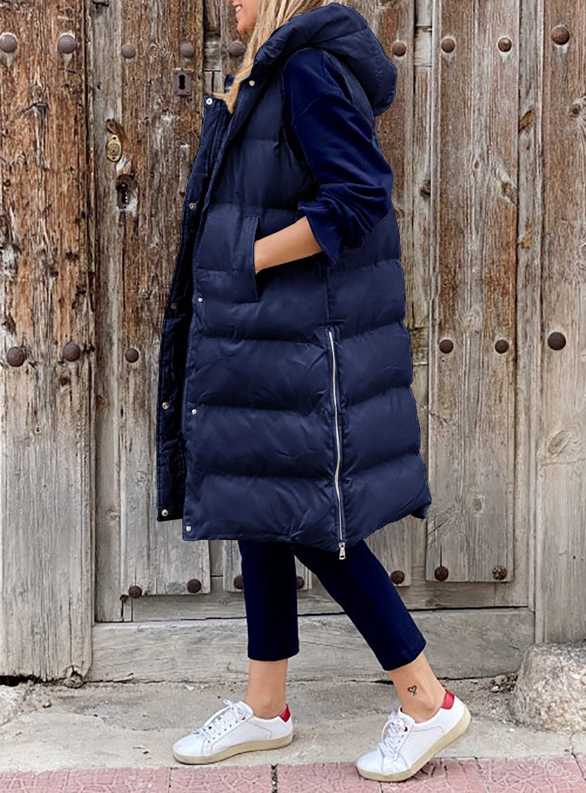 Solid Hooded Long Cotton Vest Casual Fashion Single Breasted Sleeveless Coat Women