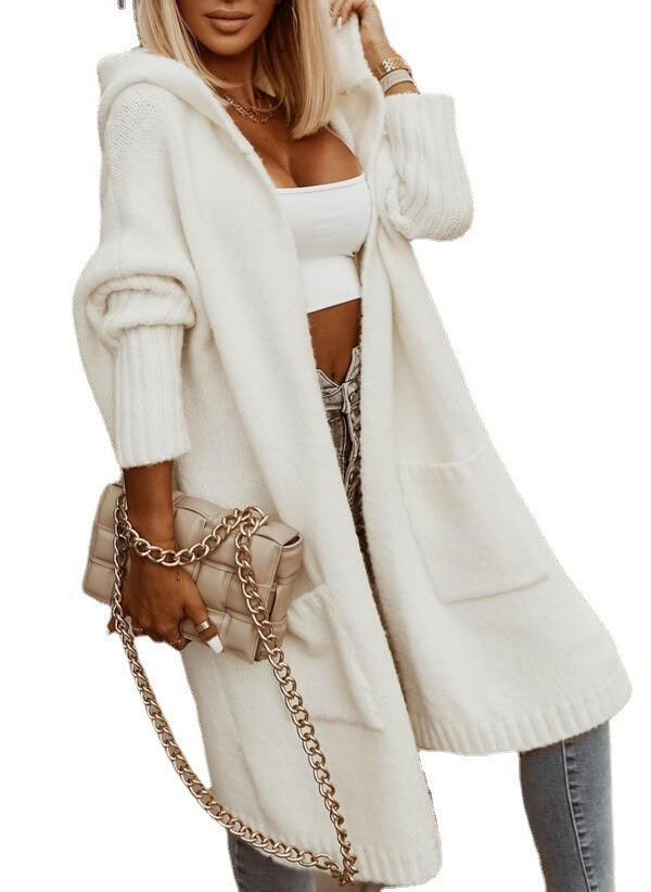 Cardigan lapel hooded long sweater loose sweater jacket