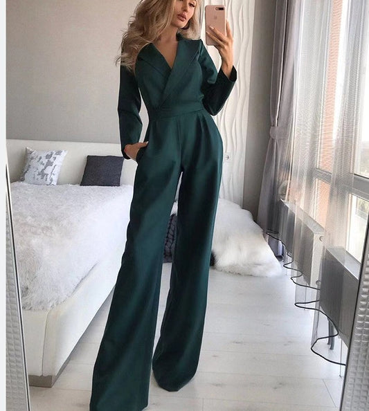 Jumpsuit with diagonal collar and mid waist