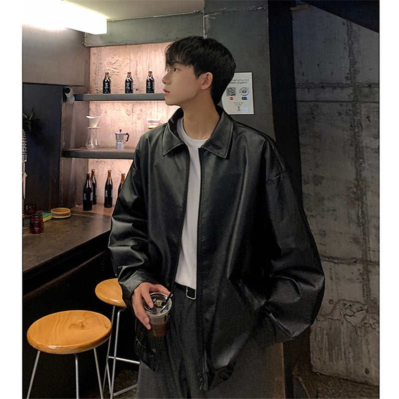 Leather jacket for men in autumn, loose fit, American retro, cool and high-end, explosive street style, Hong Kong style PU leather jacket