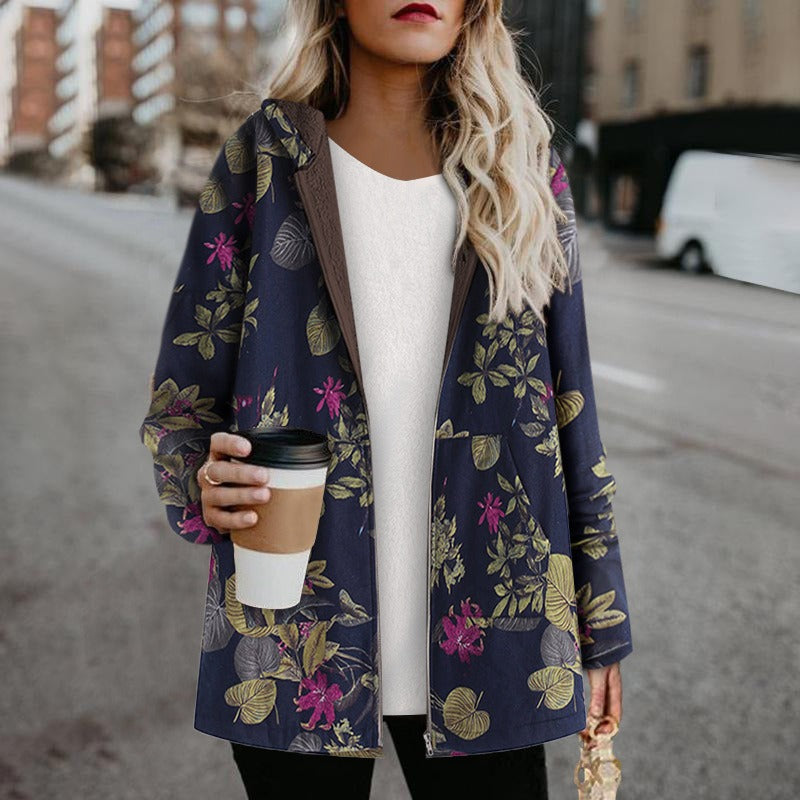 Traf Coat Jacket For Women's Clothing Windbreaker Clothes Winter New Women's Printed Hooded Long Sleeve Vintage Coat