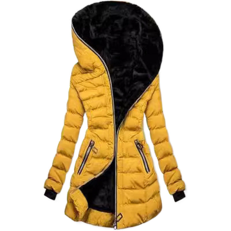 Women's cotton clothing hooded long sleeved warm and plush cotton clothing winter mid to long zipper jacket