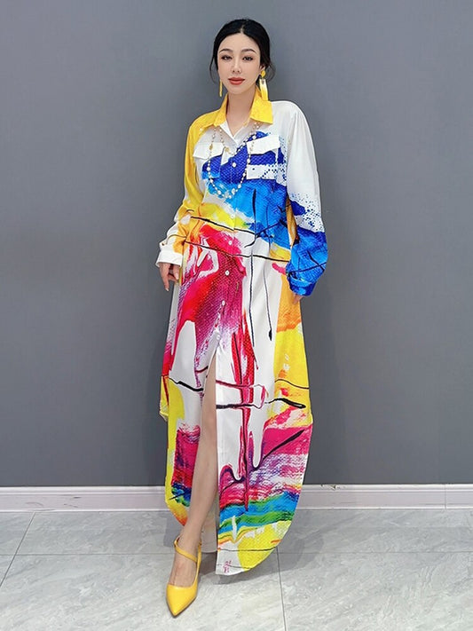 Print Fashion Asymmetrical Turn Down Collar Dress