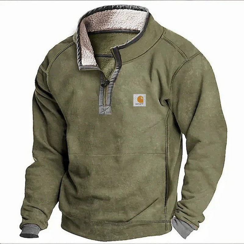 Men's Casual Hoodie with Stand Collar and Zipper Closure Fleece Lined Sweatshirt for Autumn and Winter