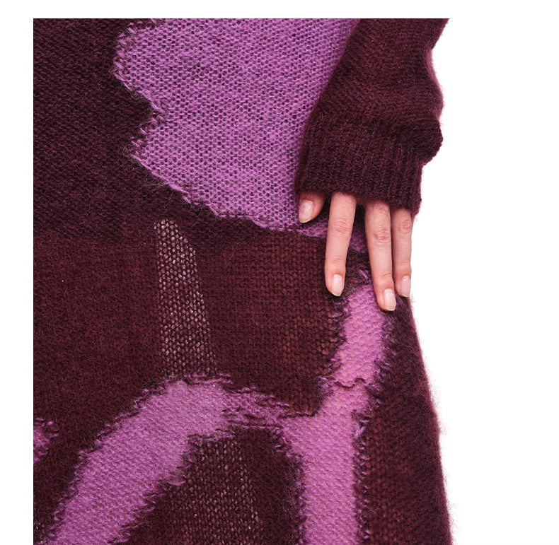 Fashionable contrasting pattern soft and sticky mohair knitted dress sweater long skirt