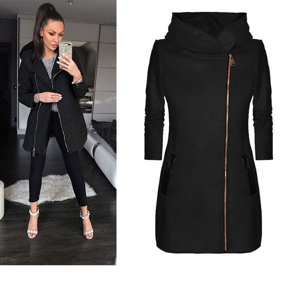 Winter women's high collar hooded colorblock zipper long sleeve coat jacket