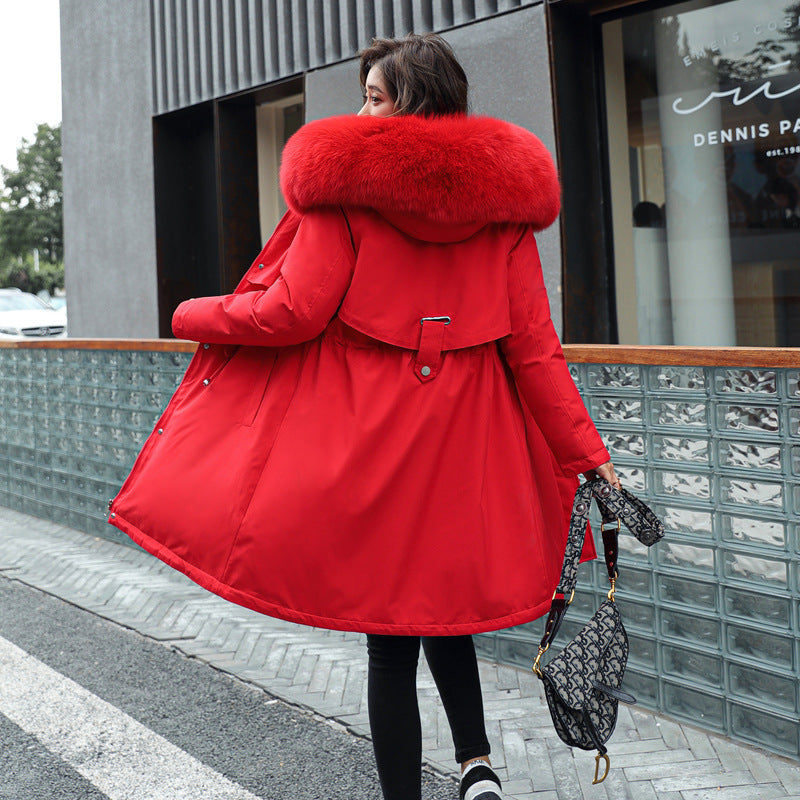 Korean version of long and medium length big fur collar with fleece jacket cotton jacket for women's fashion