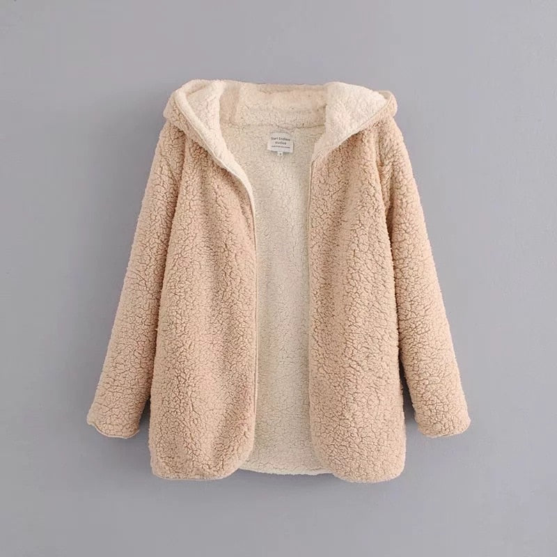 Warm Bomber Reversible Soft Fleece Hooded Lamb Fur Jacket Double Sides lambswool Coat Vintage hooded Parka Outwear Coats