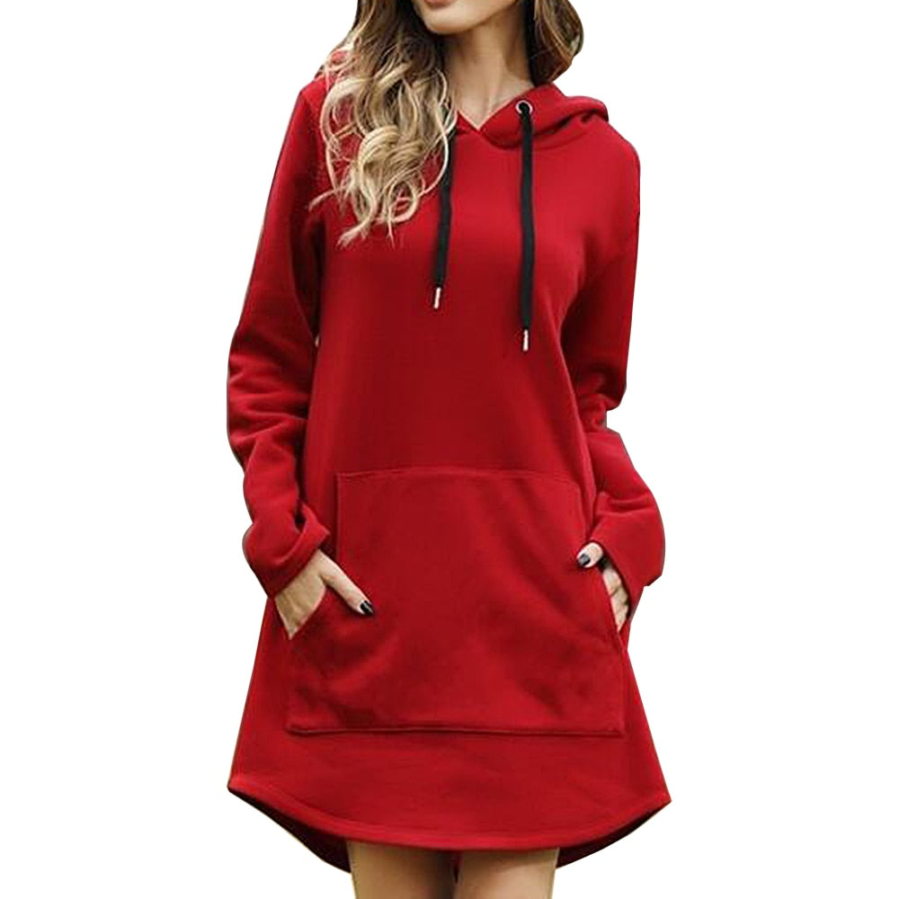 Vintage Women Spring Dress Hooded Long Sleeve Loose Casual 3XL Plus Size Dress Retro Ladies Pocket Tube Midi Dresses