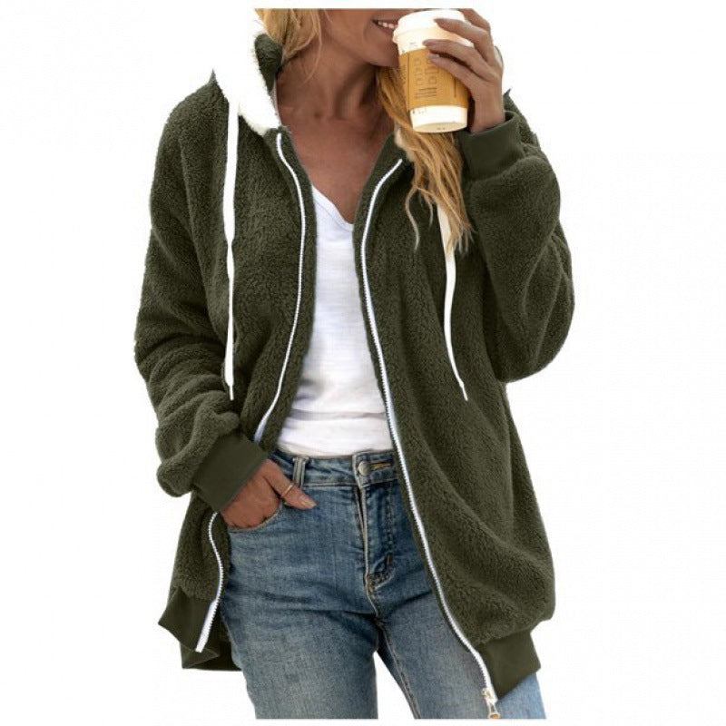 Autumn and winter loose plush zipper hooded jacket for women