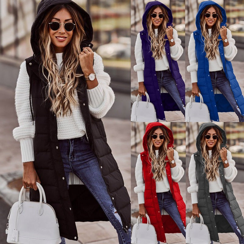 New Fashion Casual Solid Color Hooded Slim Fit Style Sleeveless Cardigan Mid length Cotton Coat