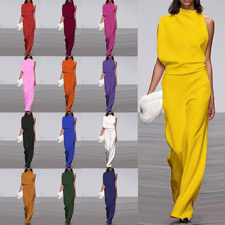 New style women's pants solid color single shoulder pile up collar jumpsuit dress pants