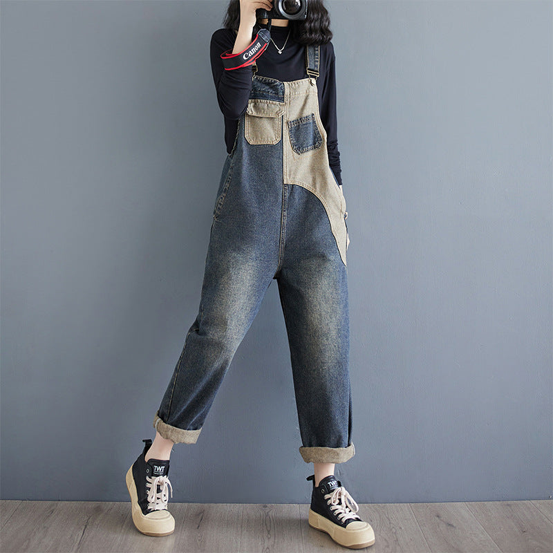 Strap pants fashionable denim strap pants women's loose high waisted contrasting one-piece wide leg cropped pants