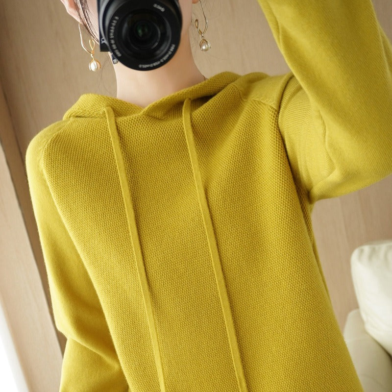 Autumn and Winter Women's Hooded Wool Knitwear Korean Version Loose Fashion Sweater Thickened Sweater Bottom Coat Top