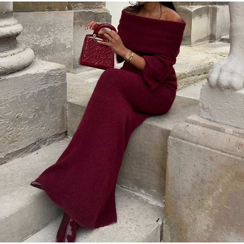 Solid color off shoulder knitted long dress fashionable slim fit eye-catching knitted long dress