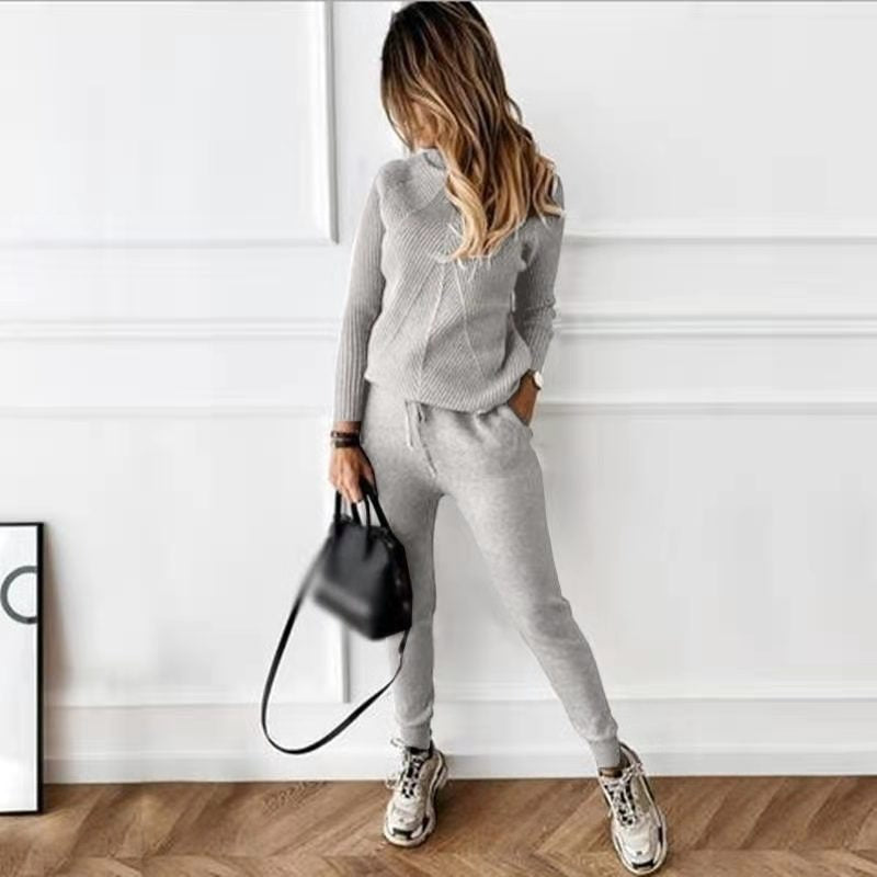 2PCS  High Collar Solid Color Fashion Casual Top  Pants Sweater Set for Women