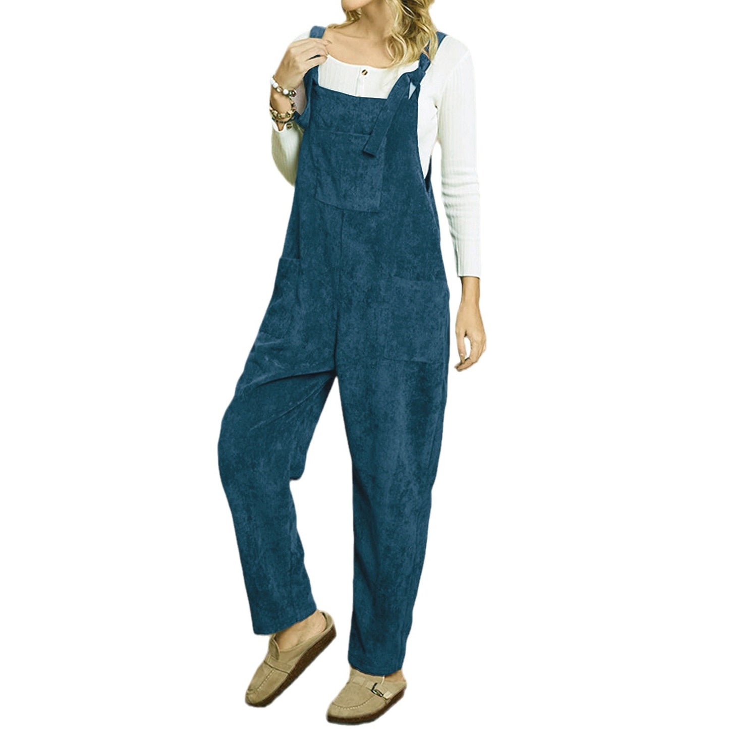 Corduroy multi pocket shoulder strap jumpsuit