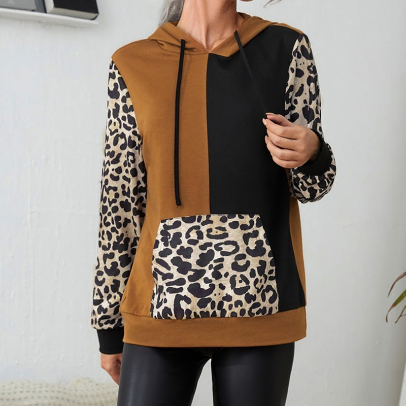 Casual leopard print color blocking long sleeved round neck hooded sweater T-shirt Loose stitch color-blocking sweater