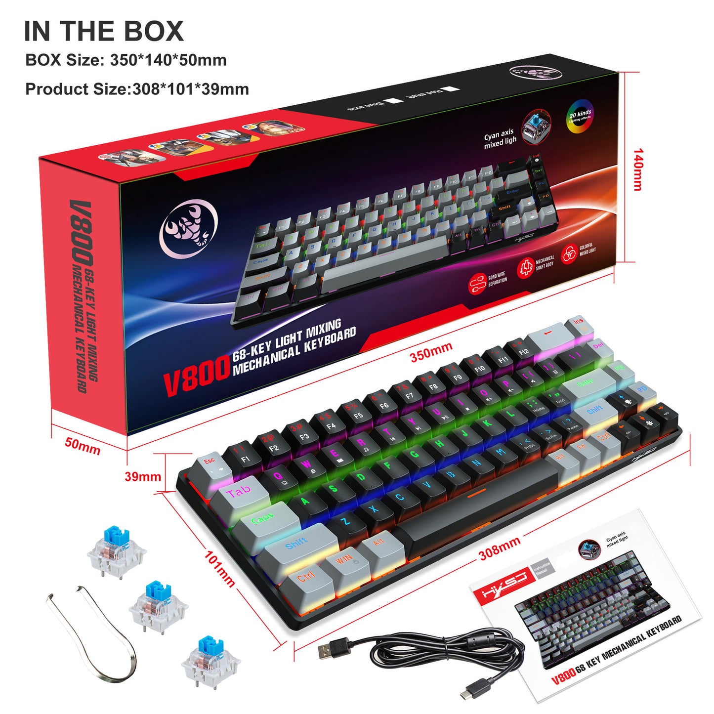 68 keys, 60% keyboard, customized color blocked keycaps, RGB mechanical keyboard, MINI set, plug-in blue axis ice blue disc