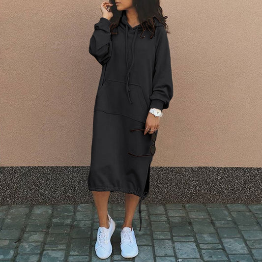 Casual Sweatshirt Dress Drawstring Pullover Long Sleeve Hooded Vestidos Solid Warm Women Hoodie Dress