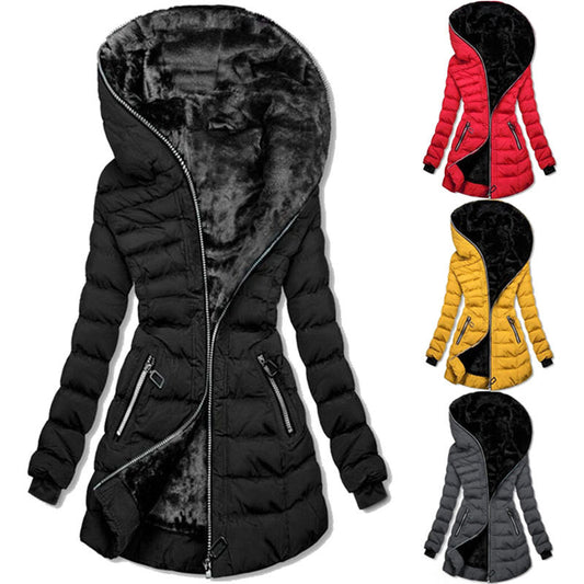 Women's cotton clothing hooded long sleeved warm and plush cotton clothing winter mid to long zipper jacket