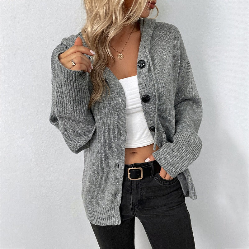 Solid Hooded Single Breasted Sweater Women's New Drawstring Knitted Cardigan Coat