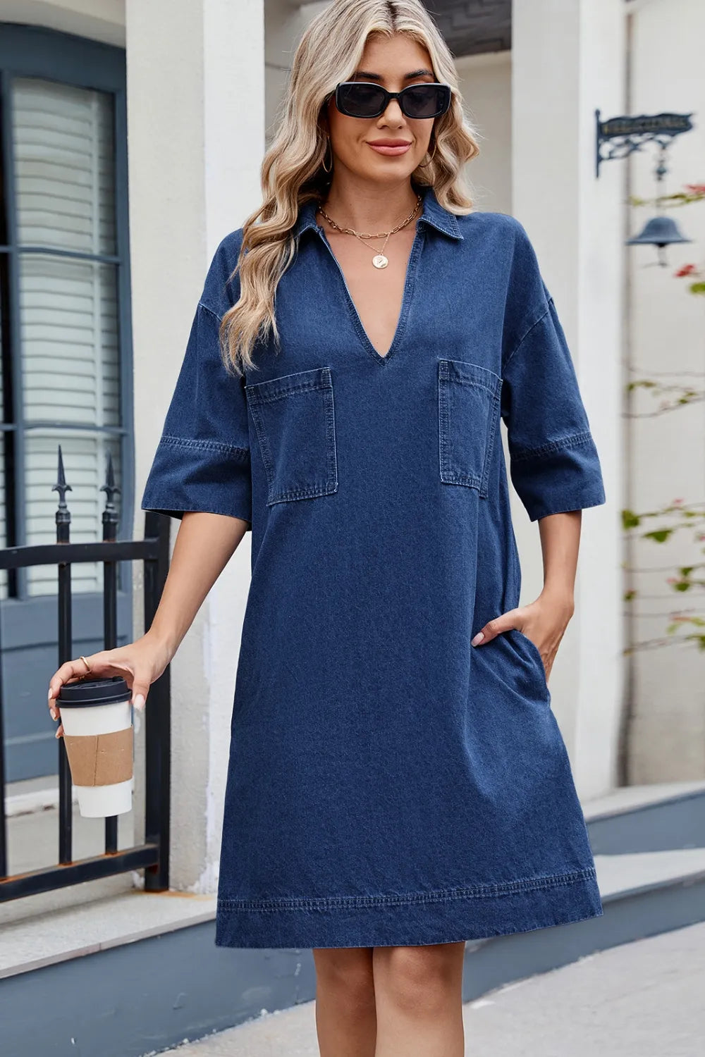 Collar Half Sleeve Denim Dress