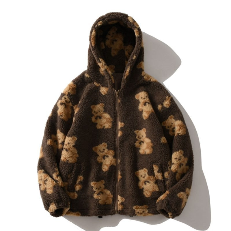 Autumn and Winter Women's Hooded Thickened Casual Sweater Cartoon Pattern Bear Zipper Pocket Plush Sweater