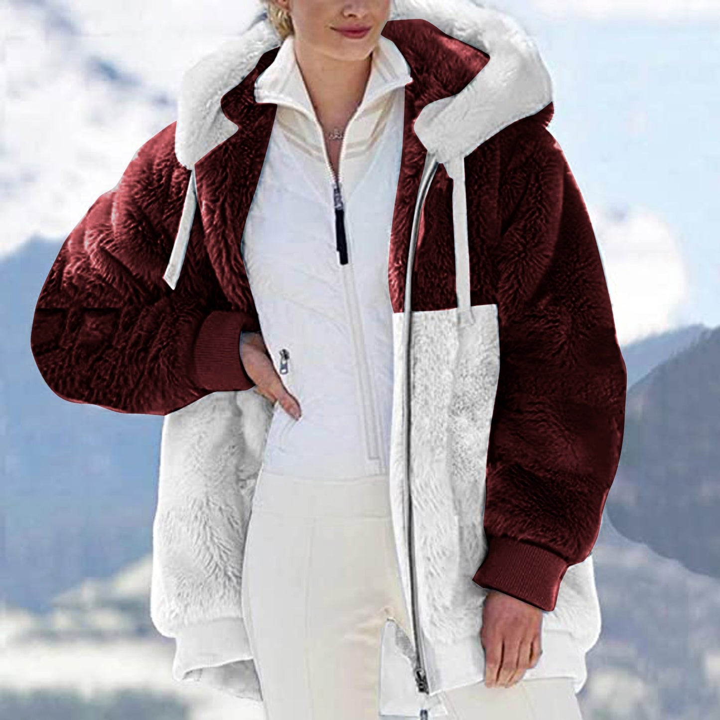 Autumn And Winter New Loose Color Matching Plush Zipper Hooded Coat For Women