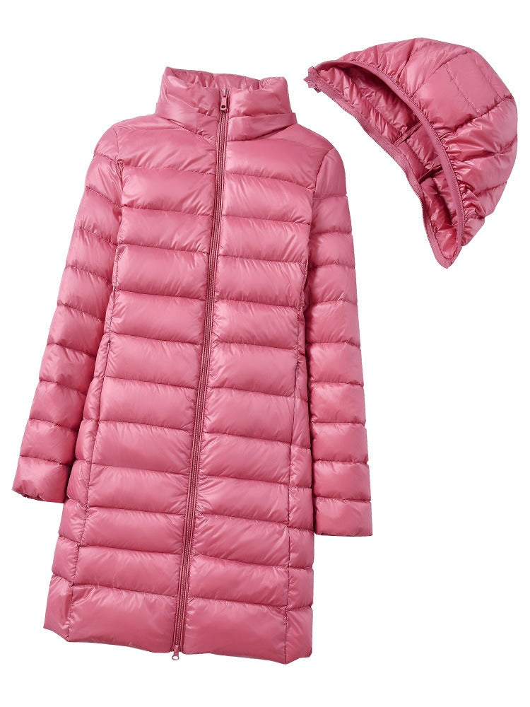 Lightweight and slim down jacket, women's mid length, hooded, oversized jacket with detachable hat