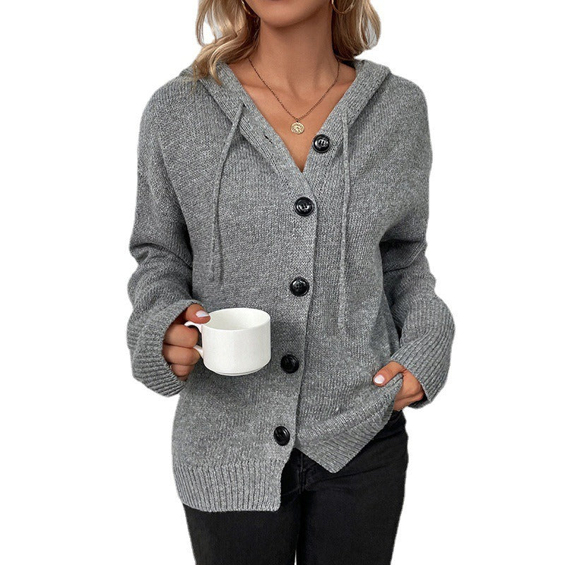 Solid Hooded Single Breasted Sweater Women's New Drawstring Knitted Cardigan Coat