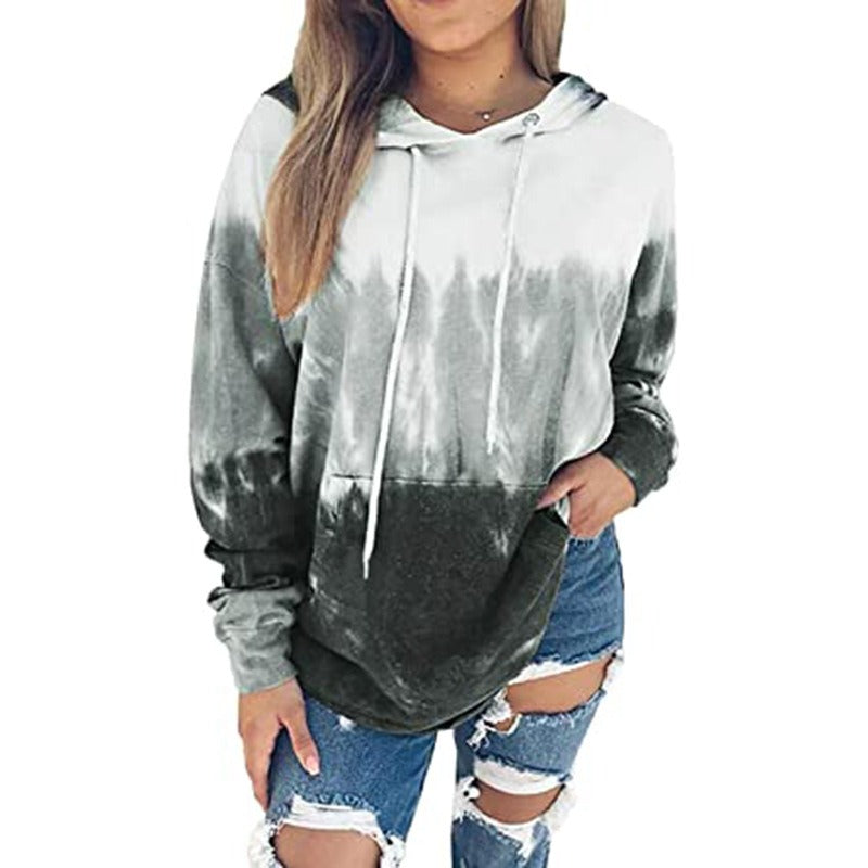 Europe and America Spring, Autumn and Winter New Women's Top Tie Dyed Hooded Long Sleeve Pocket Guards