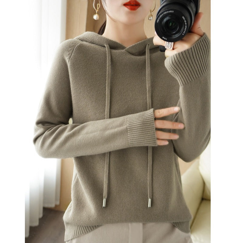 Autumn and Winter Women's Hooded Wool Knitwear Korean Version Loose Fashion Sweater Thickened Sweater Bottom Coat Top