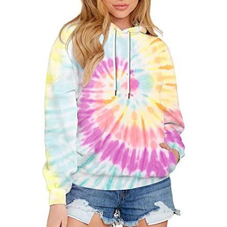 Europe and America Spring, Autumn and Winter New Women's Top Tie Dyed Hooded Long Sleeve Pocket Guards