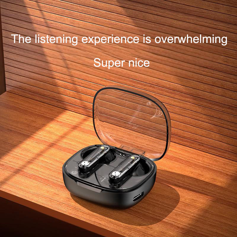 Bluetooth earphones with transparent compartment for hanging rope, wireless Bluetooth earphones with ultra long battery life