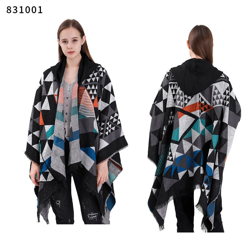 Hooded cape shawl women's plaid knitted shawl scarf shawl dual-purpose