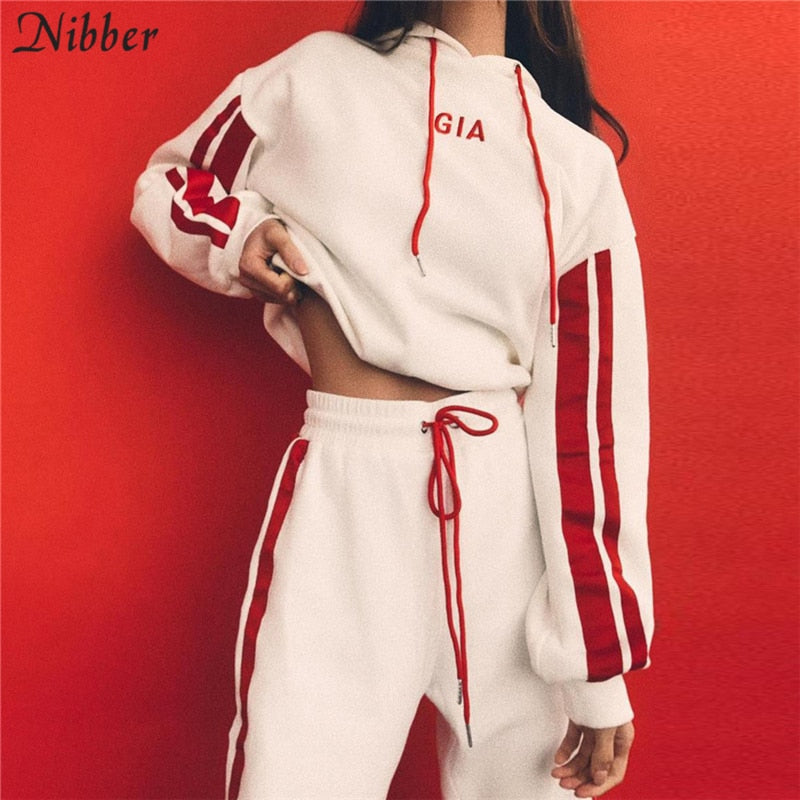 Nibbe spring Autumn fashion women Sportswear 2 piece set women White Red Active Wear Casual Sweat Pants Hooded Sweatshirt Hoodie