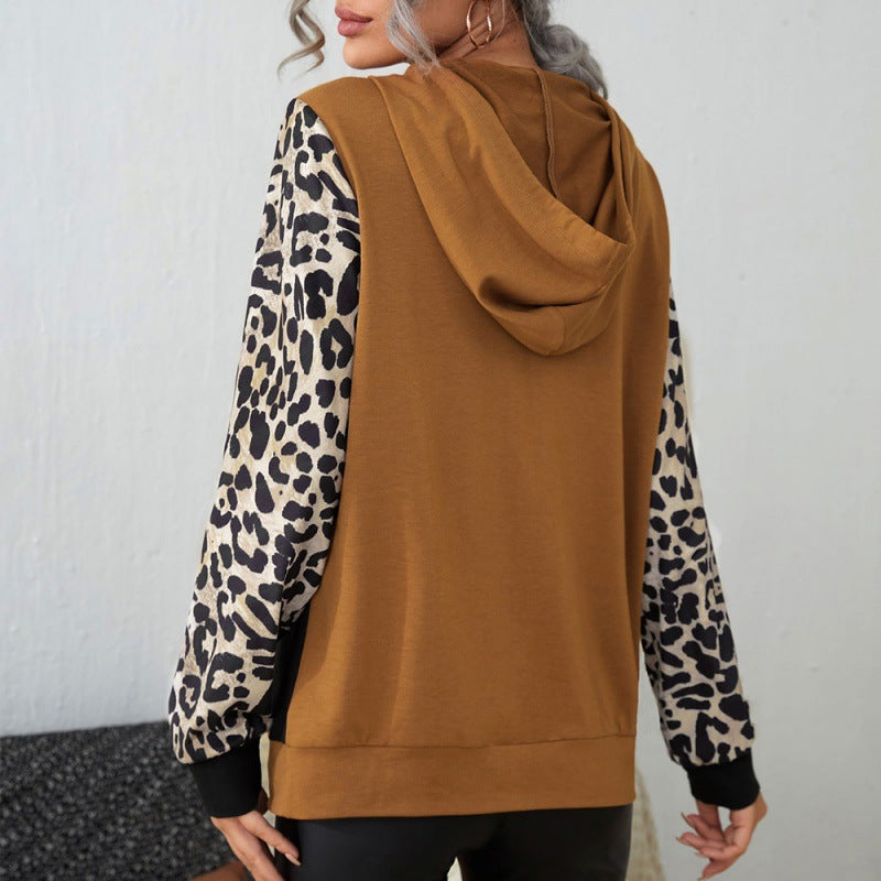 Casual leopard print color blocking long sleeved round neck hooded sweater T-shirt Loose stitch color-blocking sweater